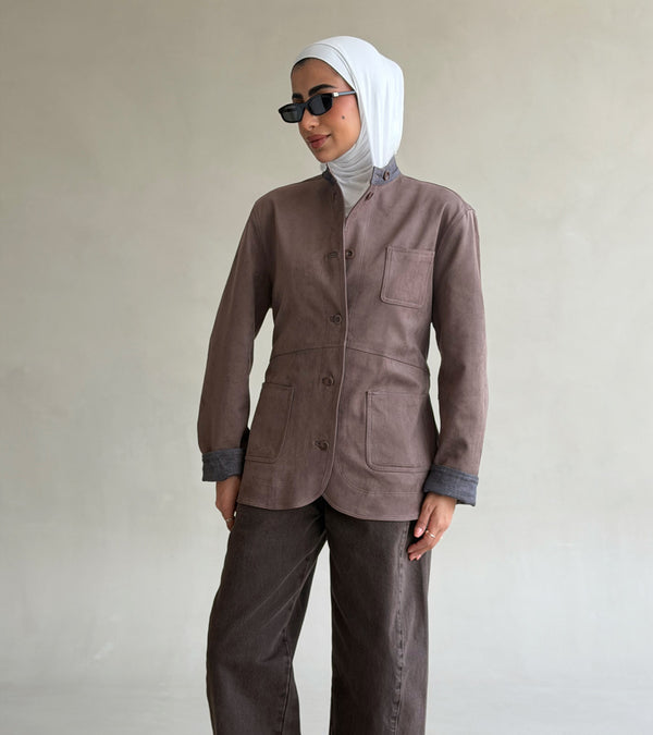 Band Collar Suede Jacket w/ Belt