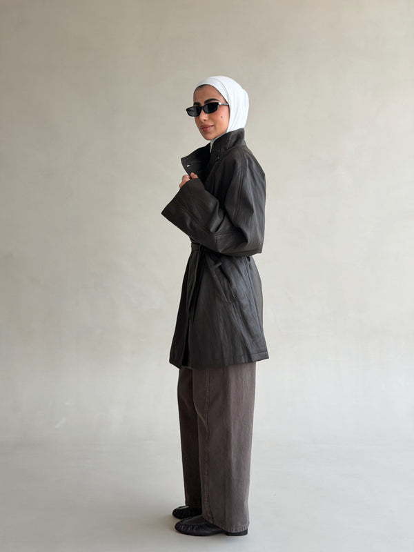 Belted Stand Collar  Leather Jacket