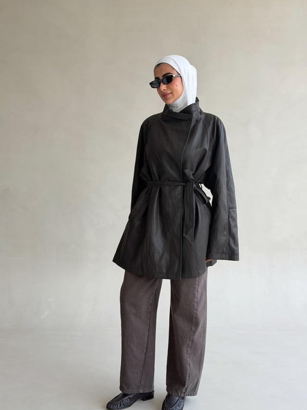 Belted Stand Collar  Leather Jacket