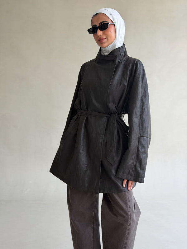Belted Stand Collar  Leather Jacket