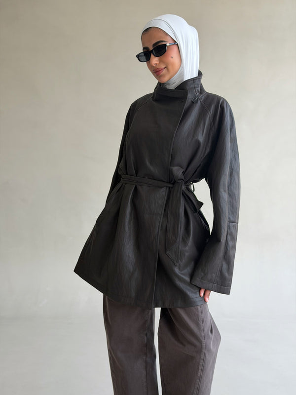 Belted Stand Collar  Leather Jacket