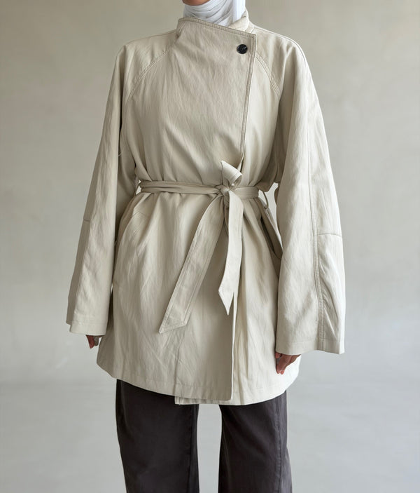 Belted Stand Collar  Leather Jacket
