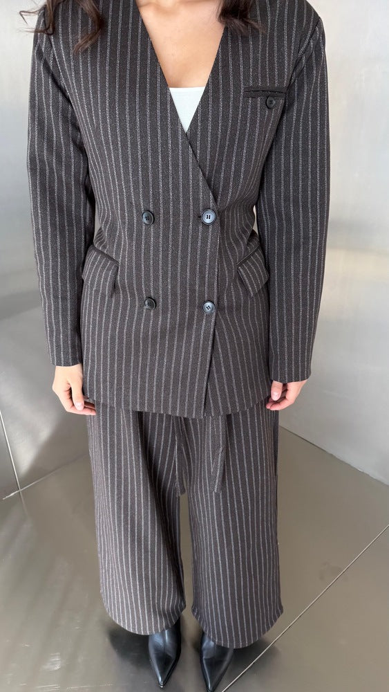 Vneck Pinstripe Belted Woolen 2PC Set