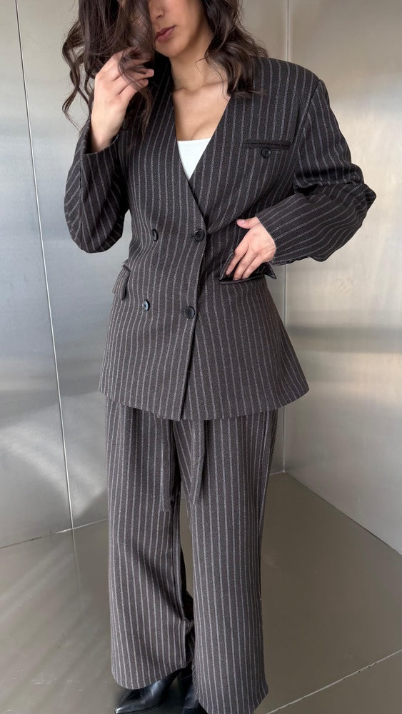 Vneck Pinstripe Belted Woolen 2PC Set