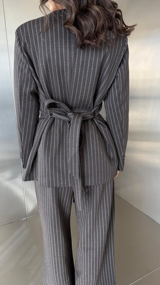 Vneck Pinstripe Belted Woolen 2PC Set