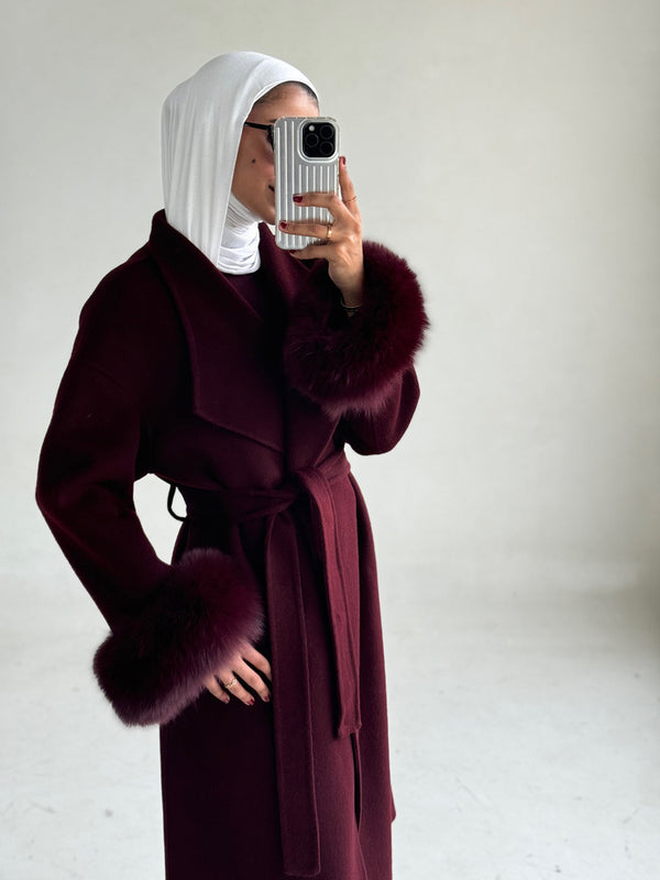 Belted Long Woolen Coat w/ Fur Cuffs