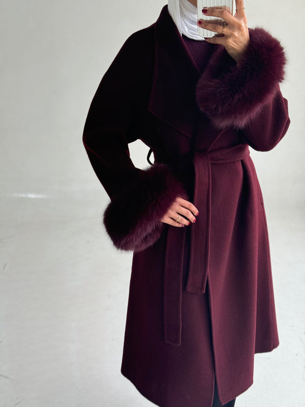 Belted Long Woolen Coat w/ Fur Cuffs