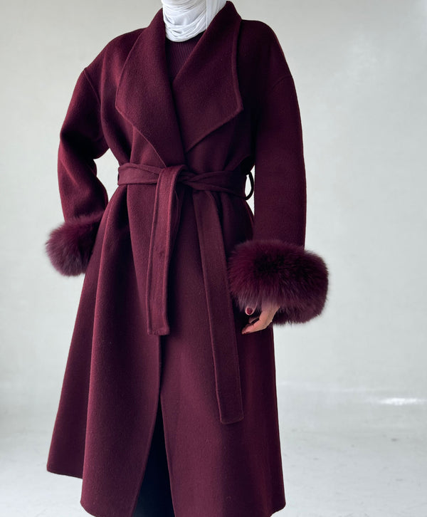 Belted Long Woolen Coat w/ Fur Cuffs