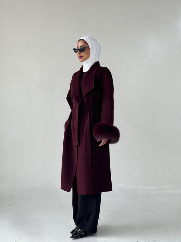 Belted Long Woolen Coat w/ Fur Cuffs