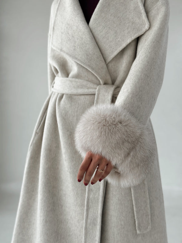 Belted Long Woolen Coat w/ Fur Cuffs