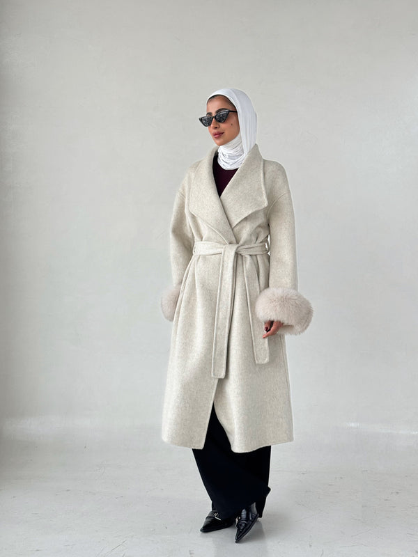 Belted Long Woolen Coat w/ Fur Cuffs