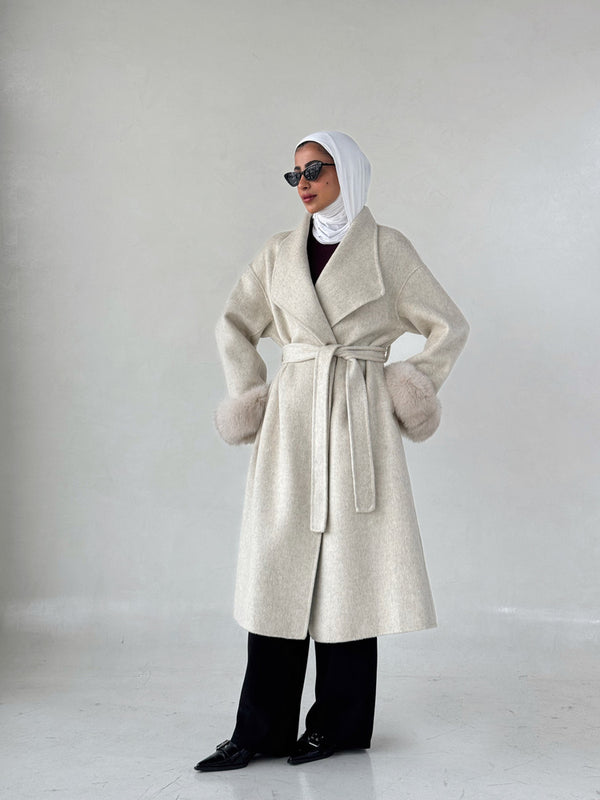 Belted Long Woolen Coat w/ Fur Cuffs