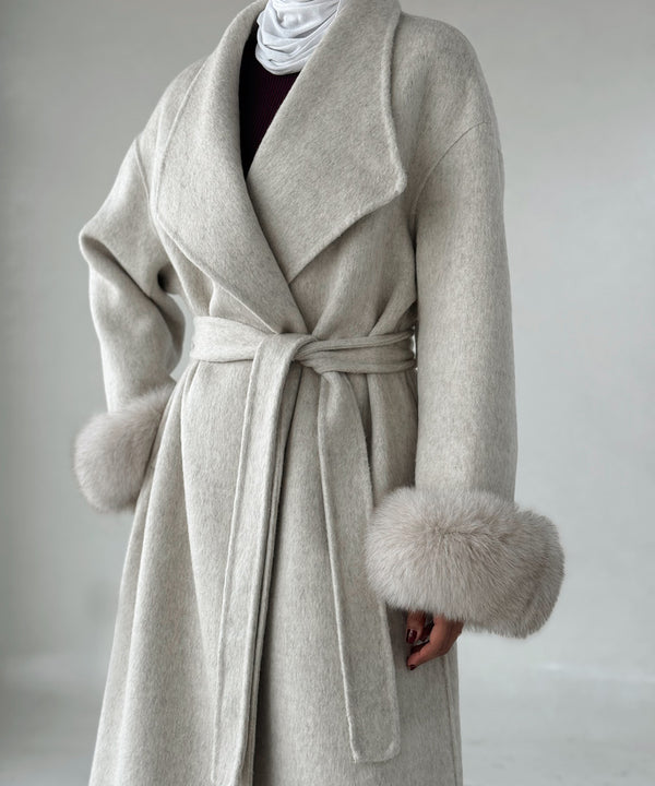 Belted Long Woolen Coat w/ Fur Cuffs