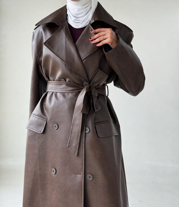 6 Buttons PU Leather Long Coat