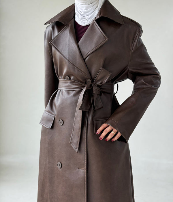 6 Buttons PU Leather Long Coat