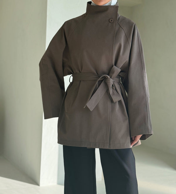 Belted Stand Neck Short Coat