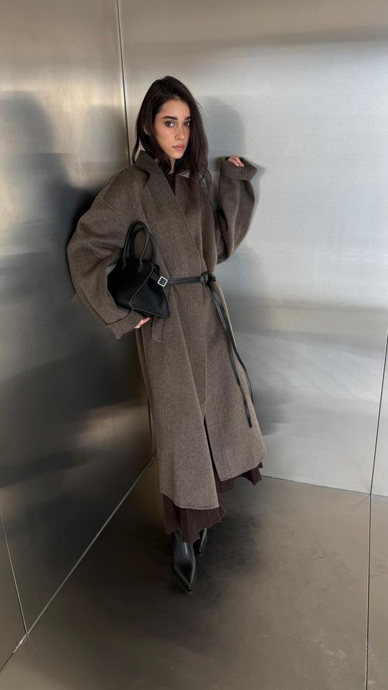 Woolen Coat W/ black  Stitched Pattern Belt