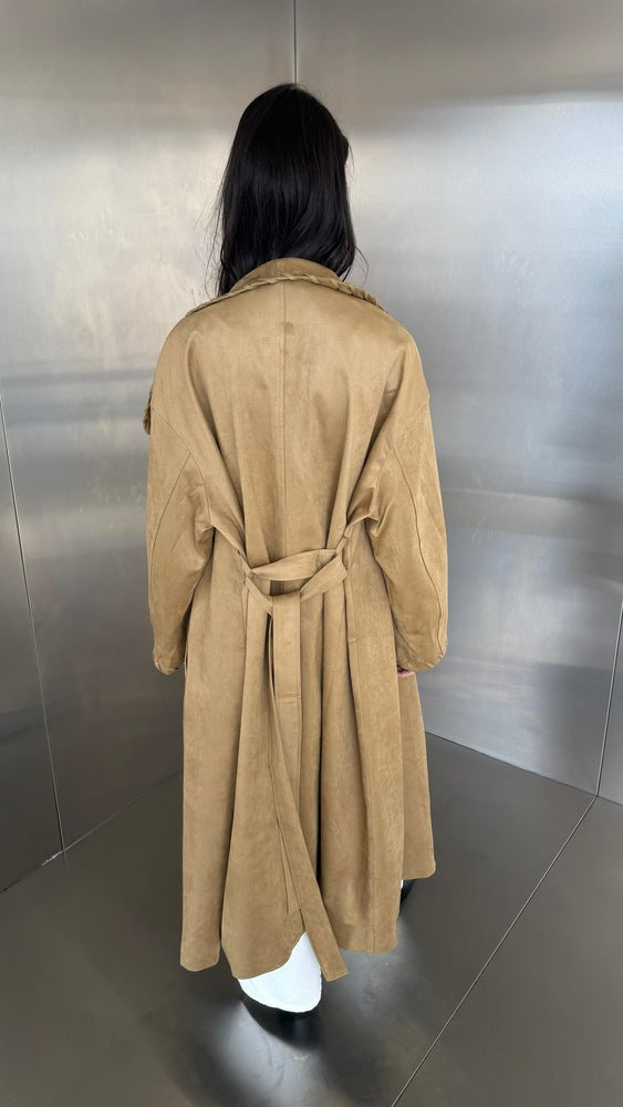 Decorative Lacing Suede Belted Long Coat