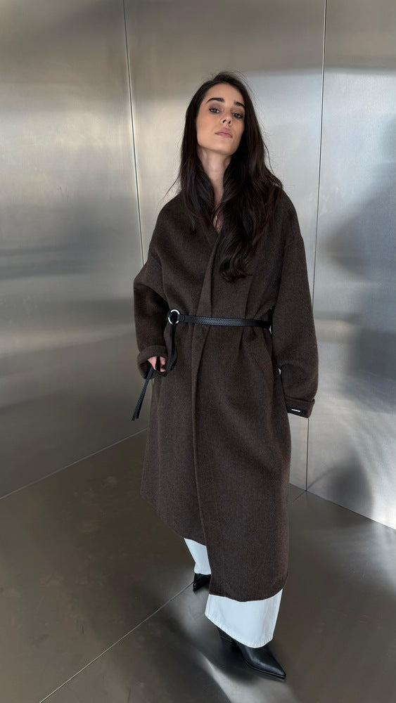 Woolen Coat W/ black  Stitched Pattern Belt