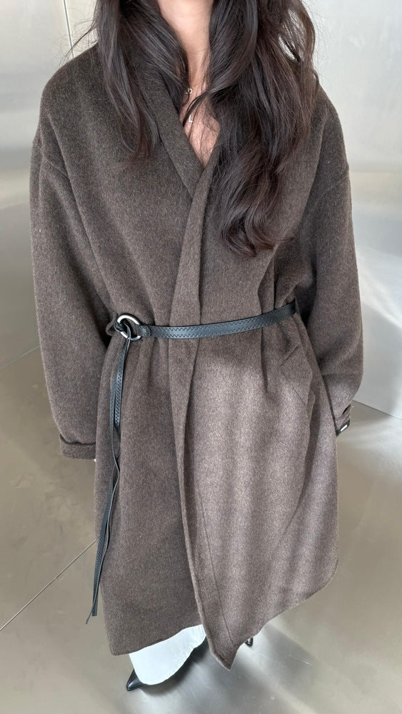 Woolen Coat W/ black  Stitched Pattern Belt