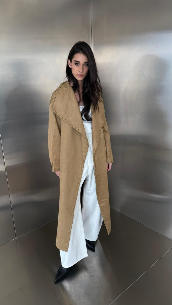 Decorative Lacing Suede Belted Long Coat