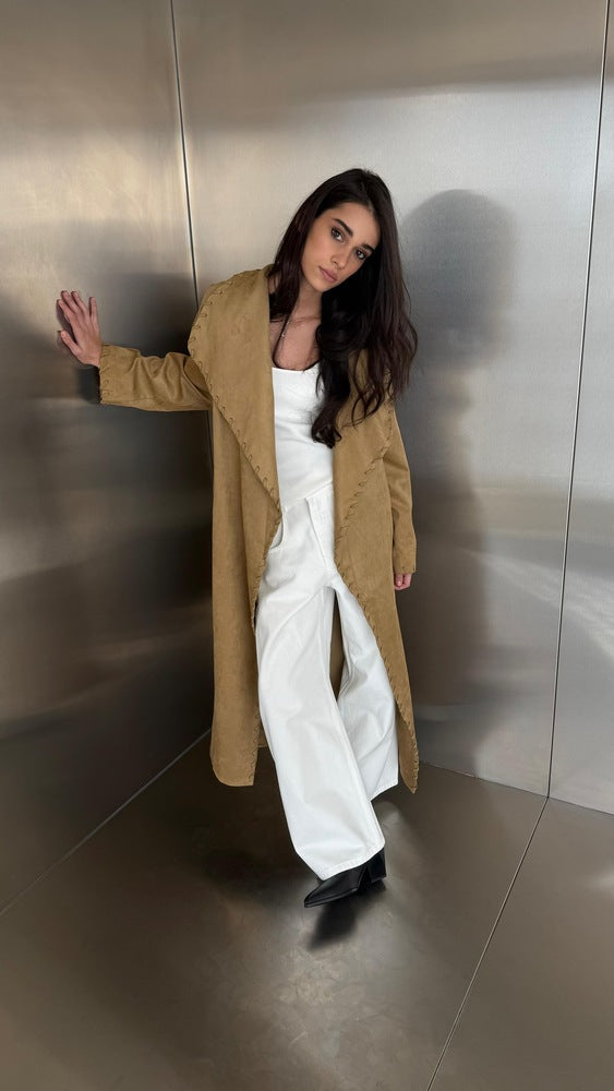 Decorative Lacing Suede Belted Long Coat