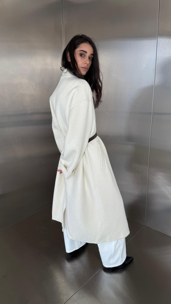 Woolen Coat W/ black  Stitched Pattern Belt