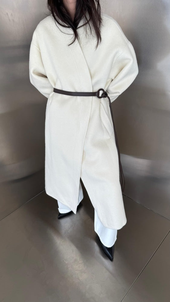 Woolen Coat W/ black  Stitched Pattern Belt