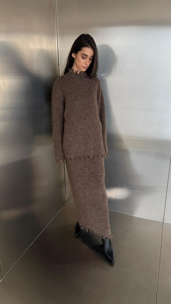 Fringed Knitted Skirt Set 2PC