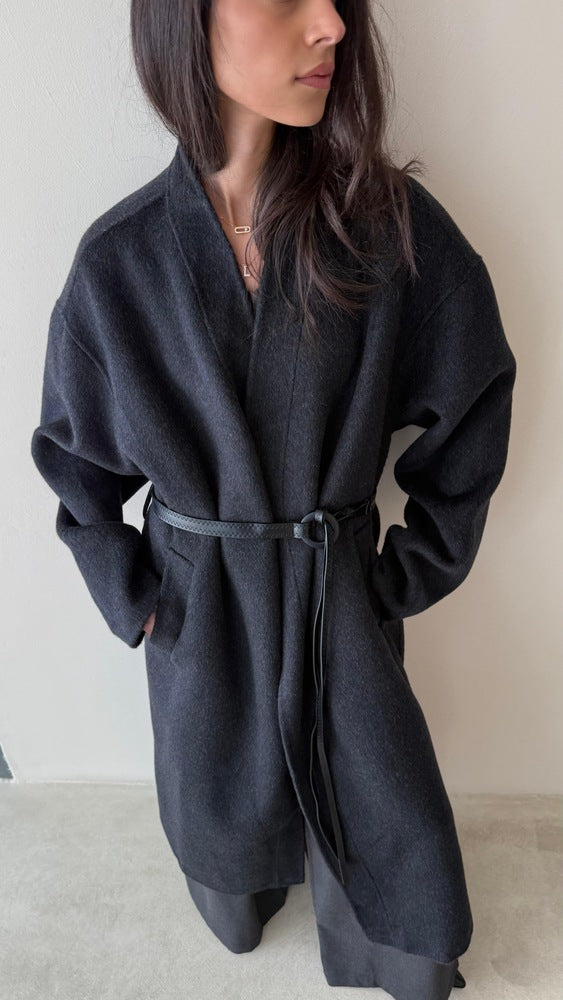 Woolen Coat W/ black  Stitched Pattern Belt