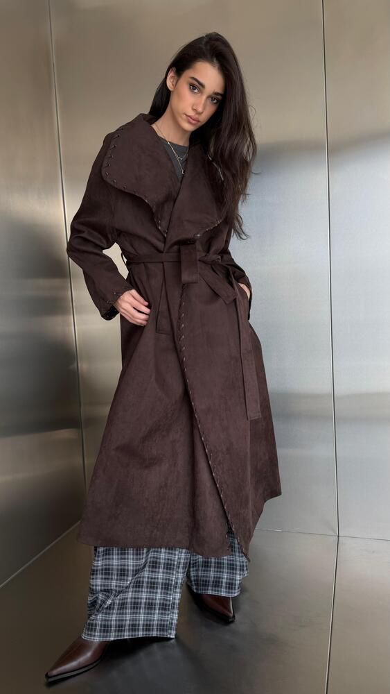 Decorative Lacing Suede Belted Long Coat