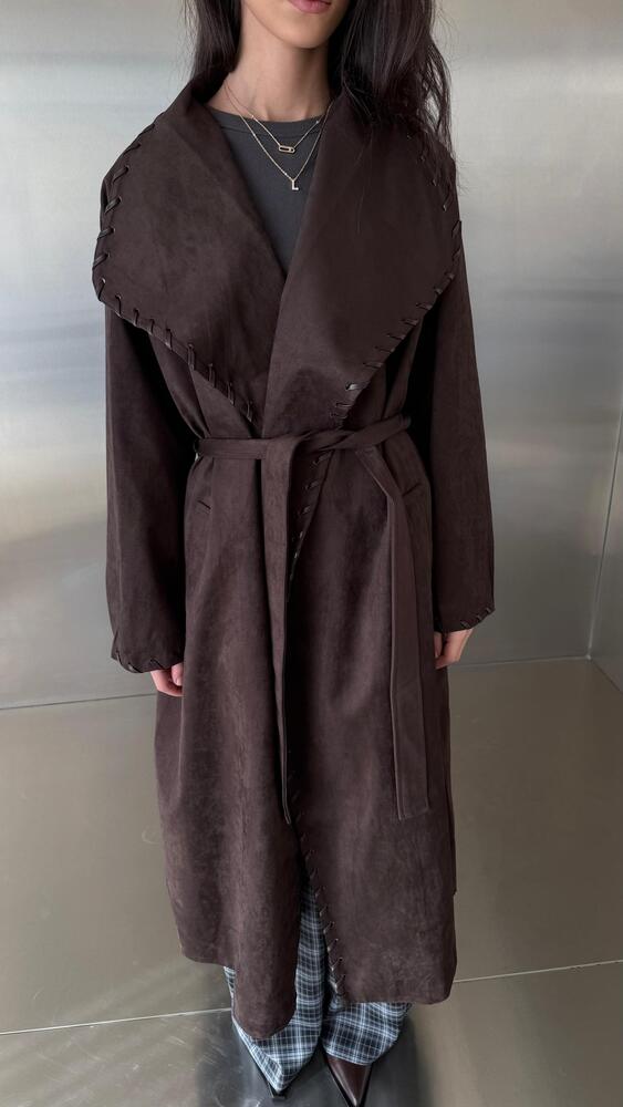 Decorative Lacing Suede Belted Long Coat
