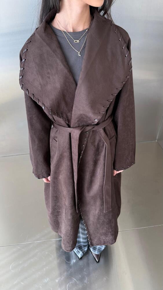 Decorative Lacing Suede Belted Long Coat