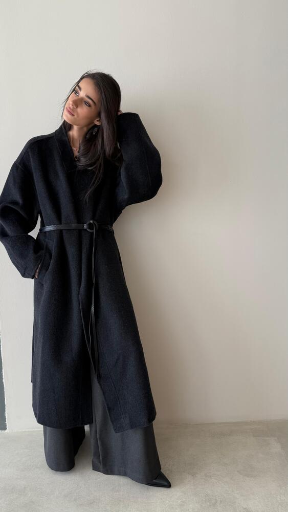 Woolen Coat W/ black  Stitched Pattern Belt