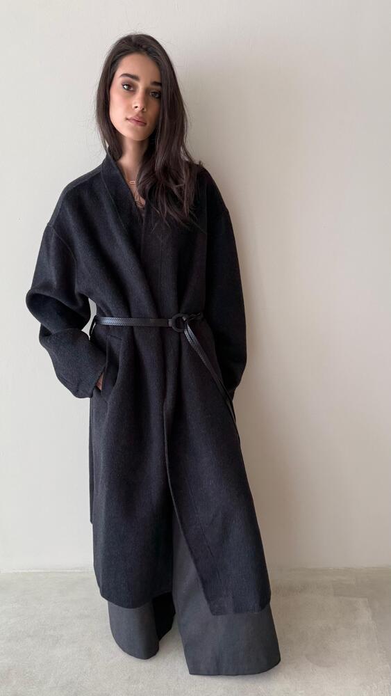 Woolen Coat W/ black  Stitched Pattern Belt