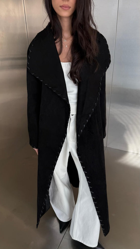 Decorative Lacing Suede Belted Long Coat