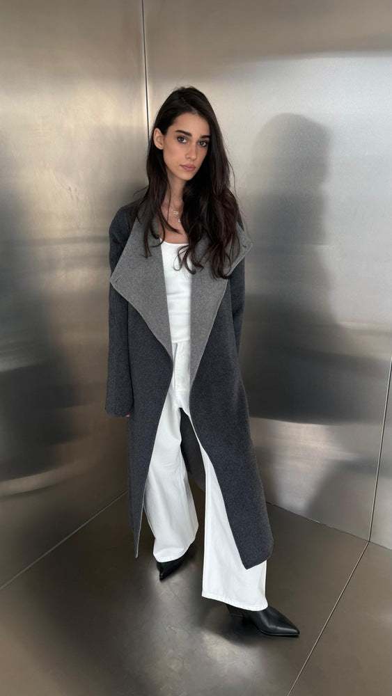 Woolen Contrast Collar Coat with Belt