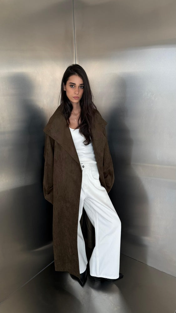 Long Suede Single Button Belted Coat