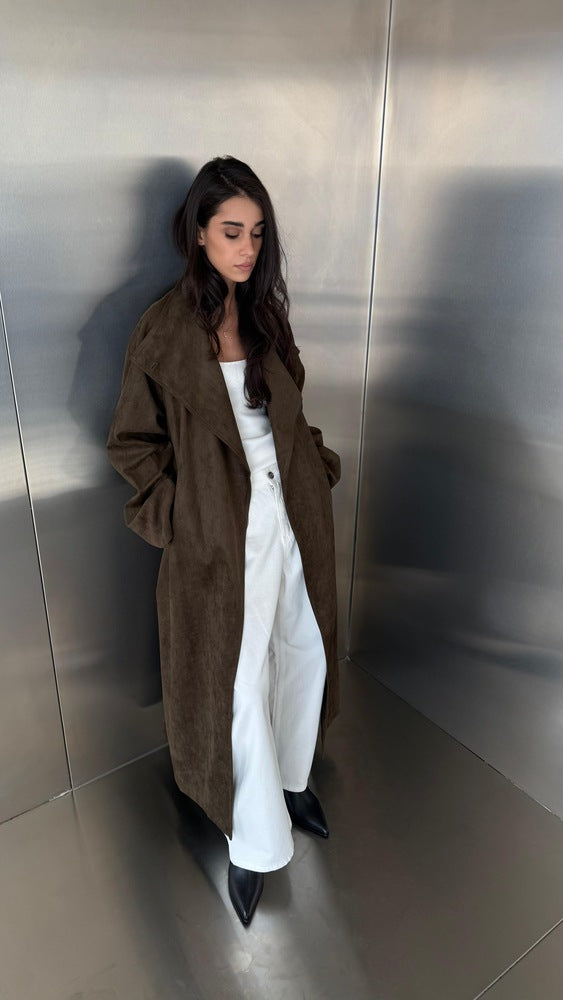 Long Suede Single Button Belted Coat