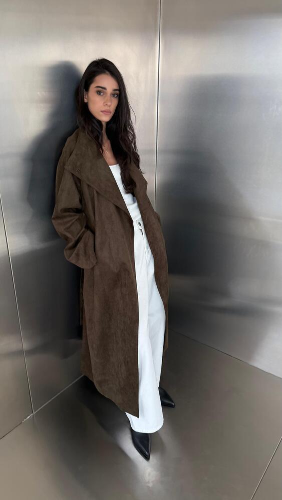 Long Suede Single Button Belted Coat