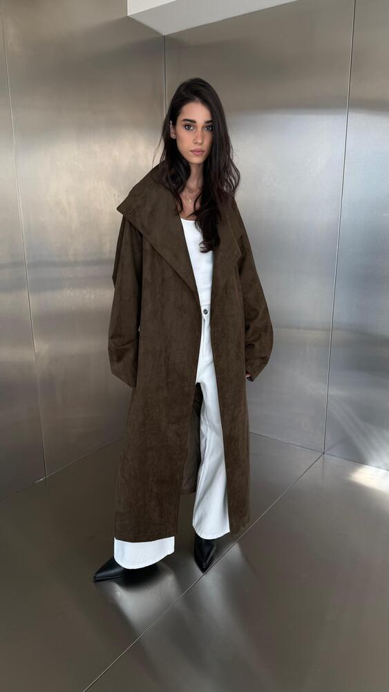 Long Suede Single Button Belted Coat
