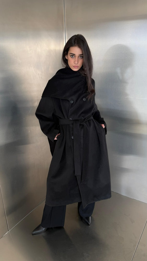 Attached Scarf Coat with Belt