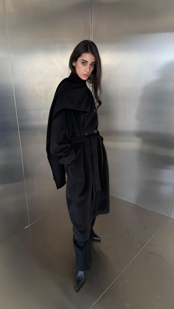 Attached Scarf Coat with Belt