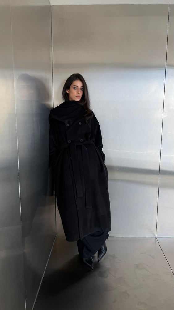 Attached Scarf Coat with Belt