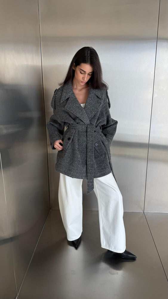 Textured Woolen Midlength Jacket