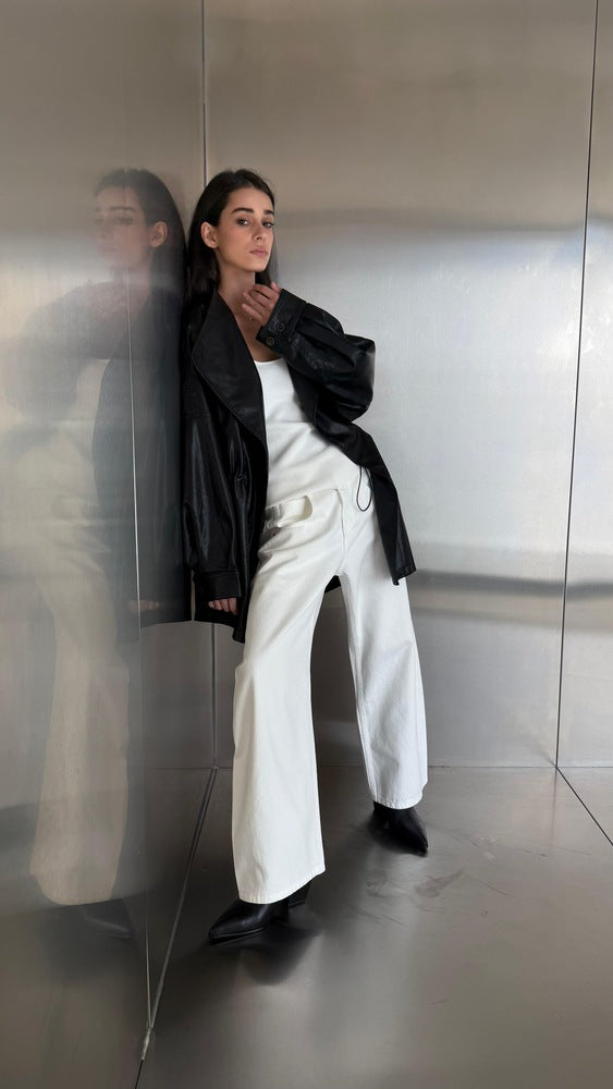 Waist Drawstring Leather Jacket