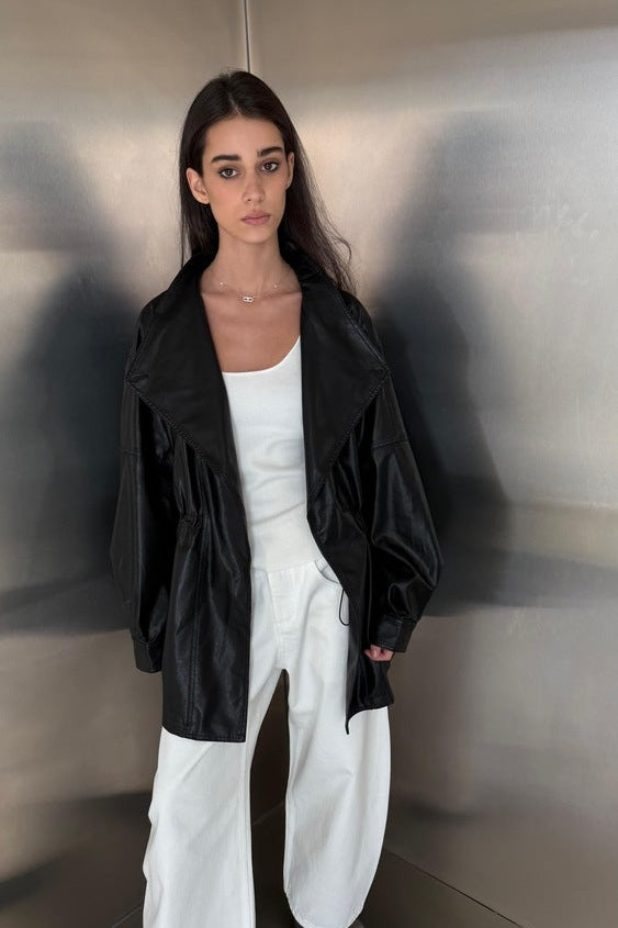 Waist Drawstring Leather Jacket
