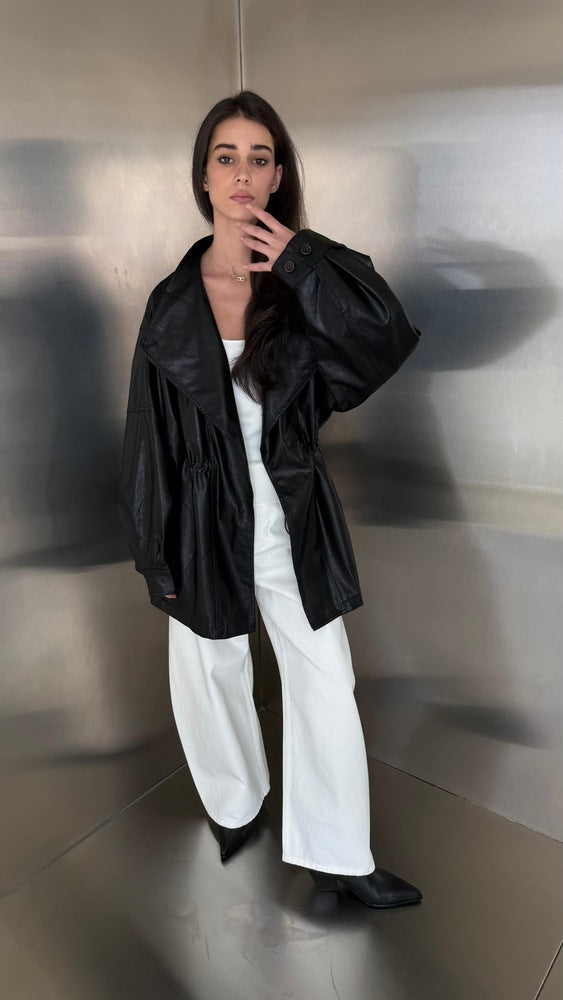 Waist Drawstring Leather Jacket