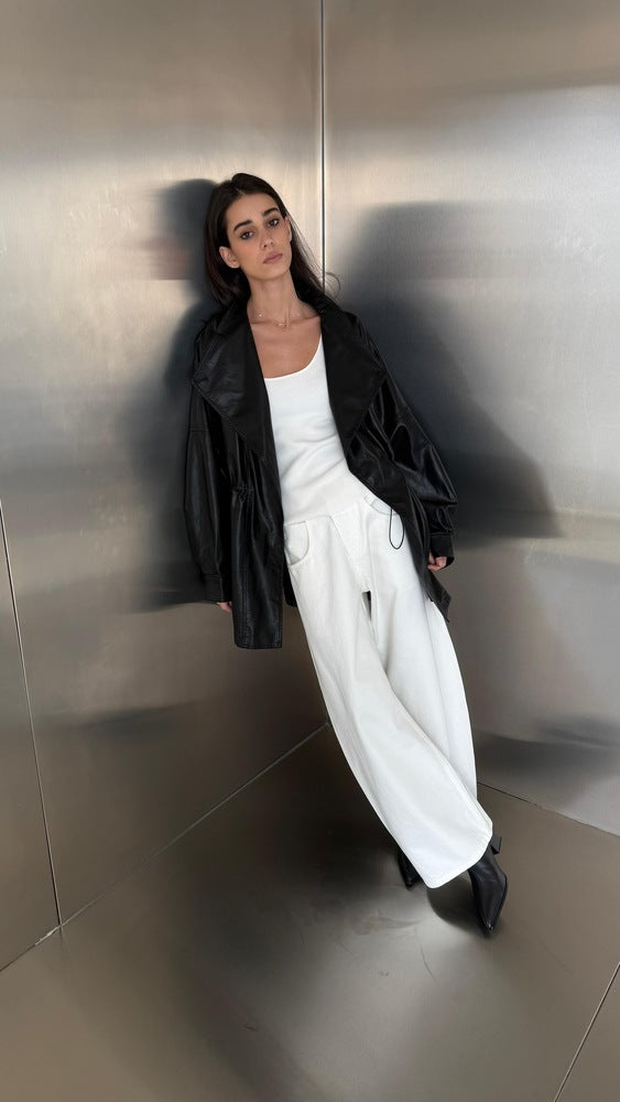 Waist Drawstring Leather Jacket