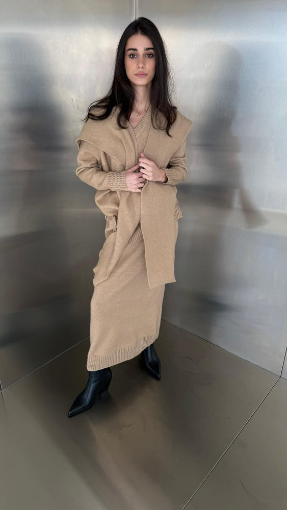 Lace Up Knitted Skirt Set with Scarf